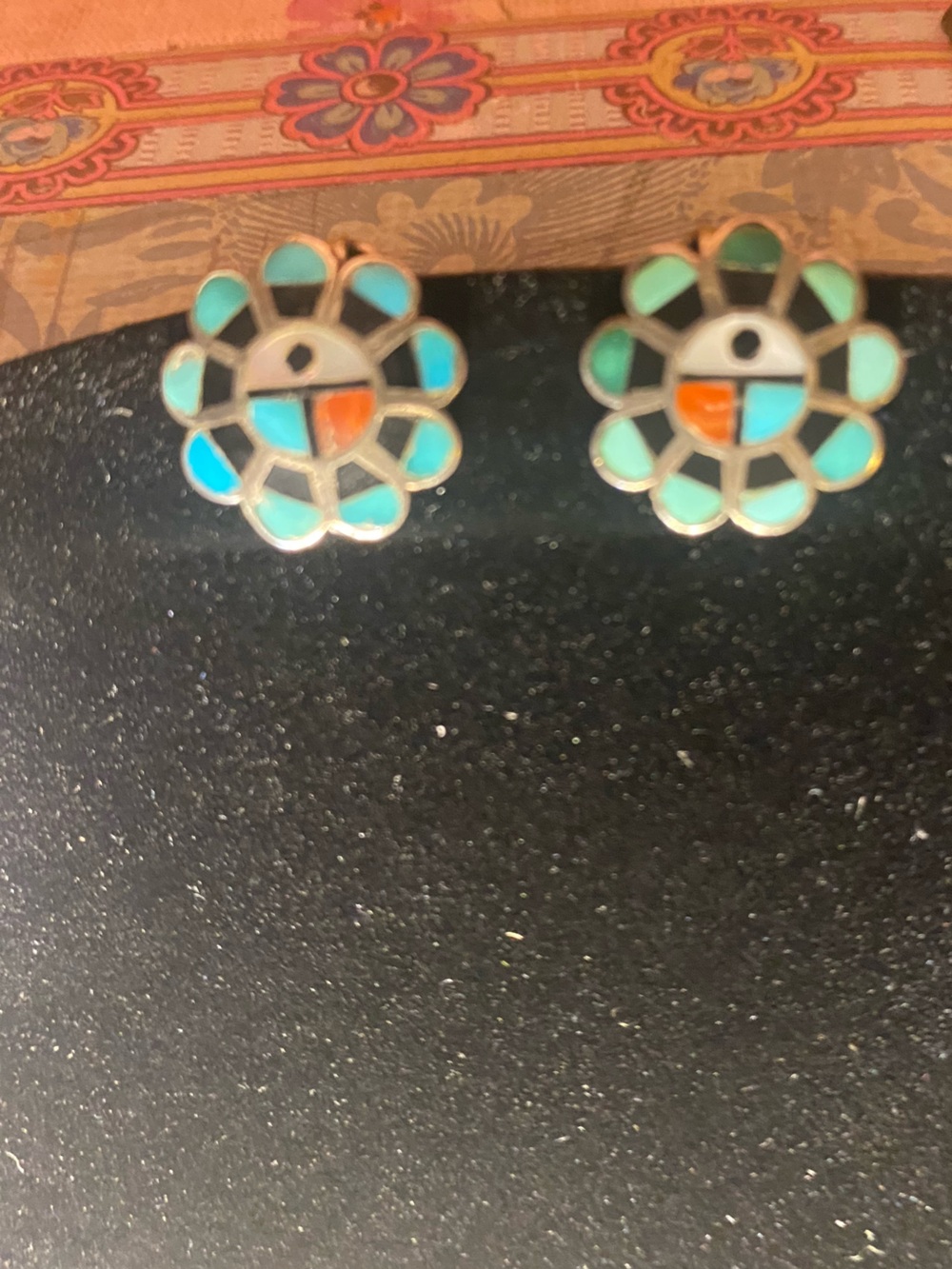 Vintage Zuni Sunface Inlay Flower Clip On Earrings Authentic Mosaic